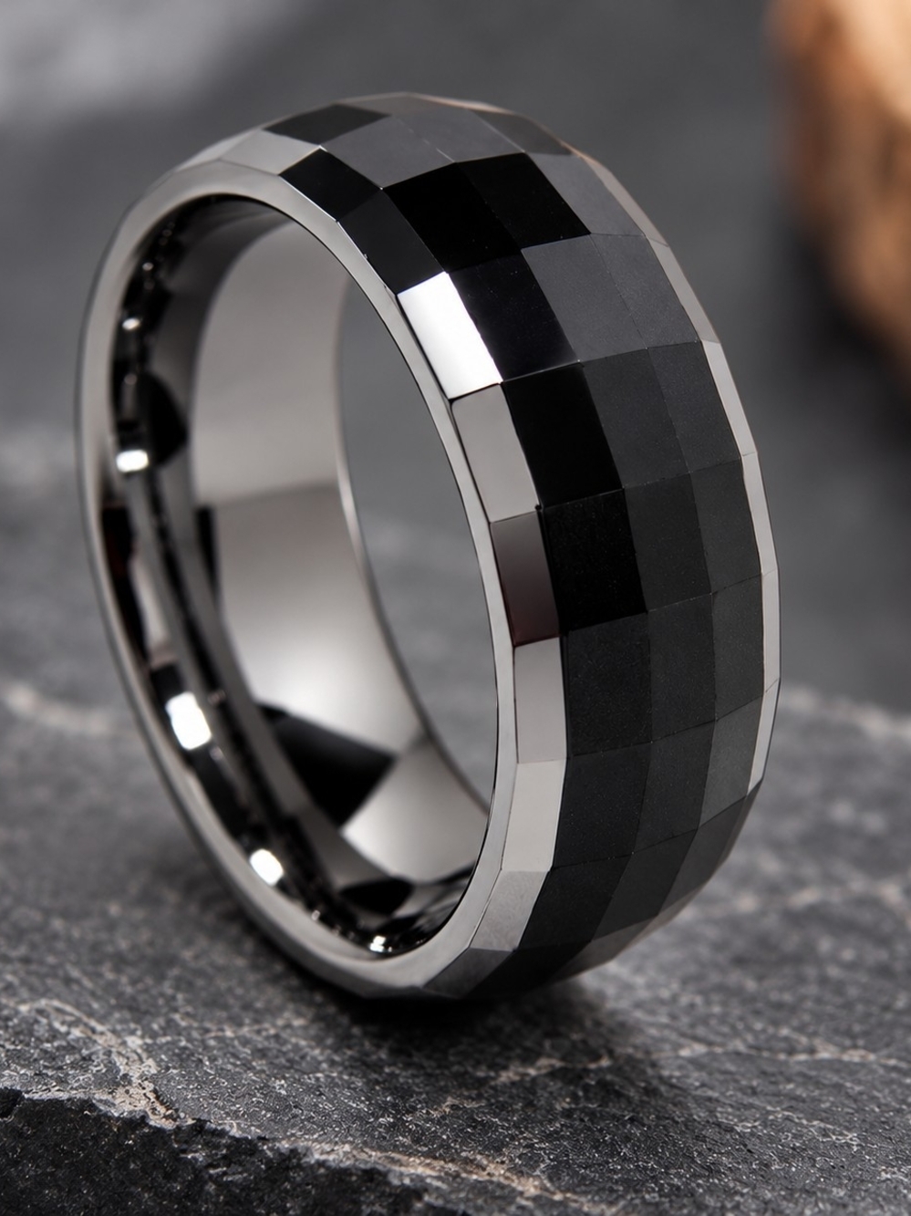Men's Black Faceted Tungsten Ring - Modern Minimalist Band SZ 9
